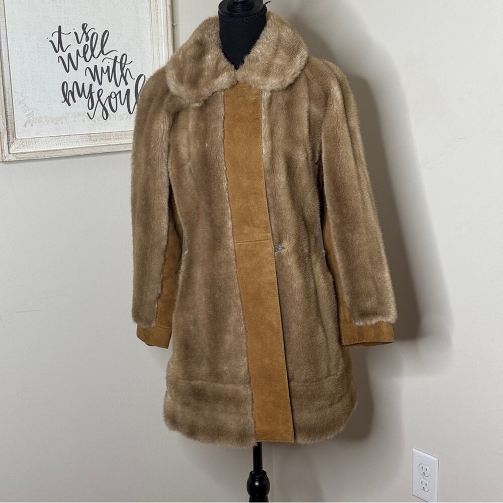 Vintage 70's Lilli Ann London Leathers Faux Fur Coat Genuine Leather Trim Brown